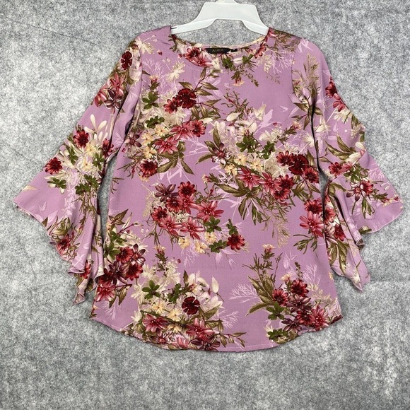 Aura Tops - Aura Floral Tunic Top Women's Size M Semi Sheer Lilac Angel Sleeve Office Casual